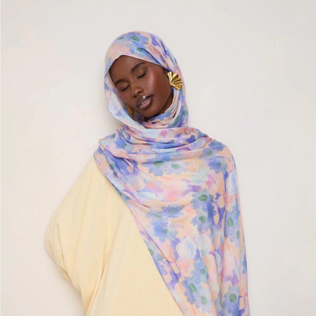 Foulard Hijab à Imprimé Floral Vibrant | Écharpe Botanique Légère (MH159)
