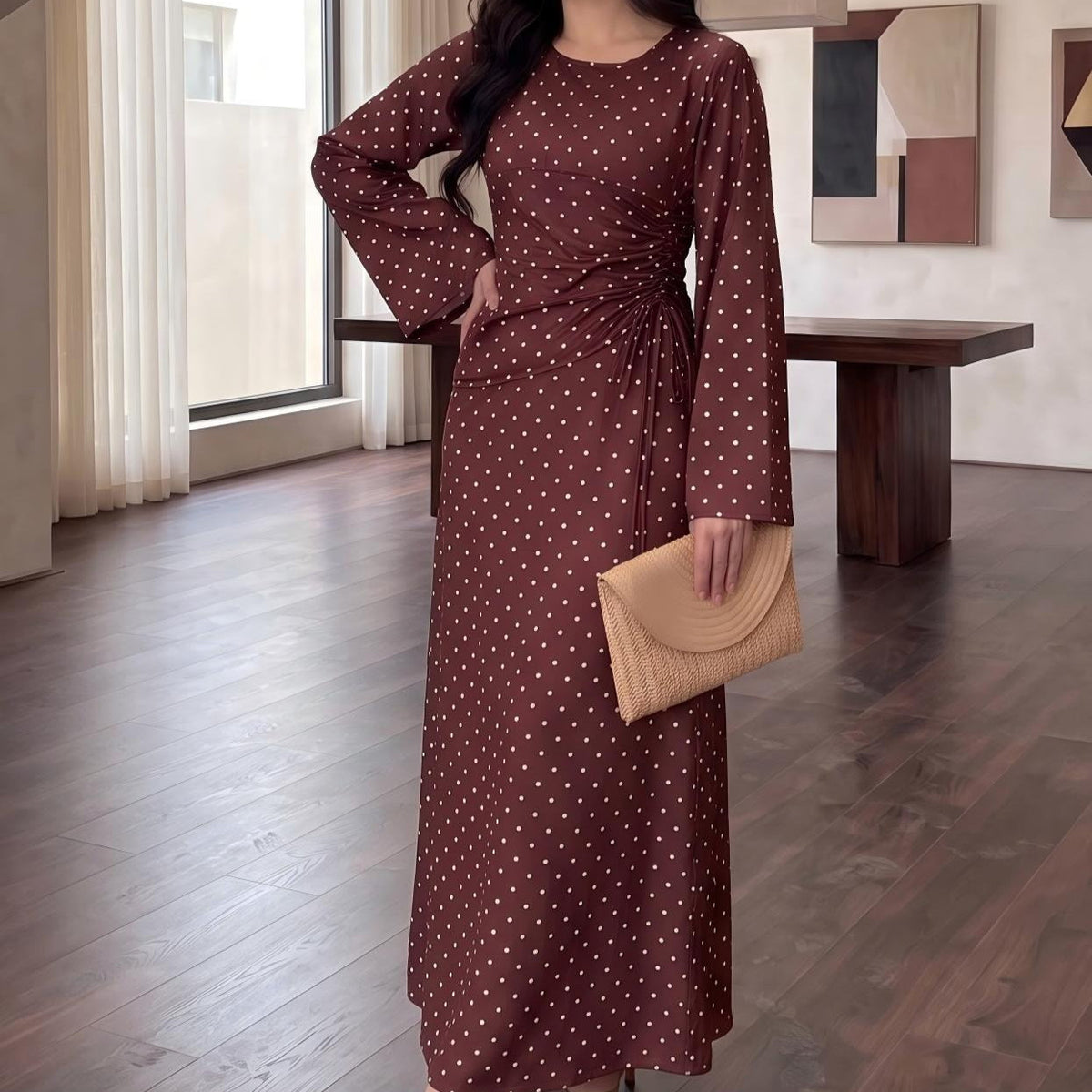 Robe Maxi à Manches Évasées Pois (MS503)