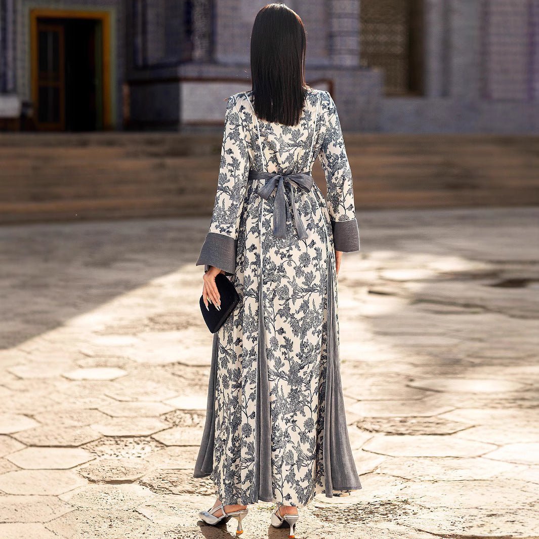 Robe Maxi élégante à col en V, en satin, avec fleurs brodées à la main de perles et de cristaux, manches longues, avec Abaya grise (MA192)