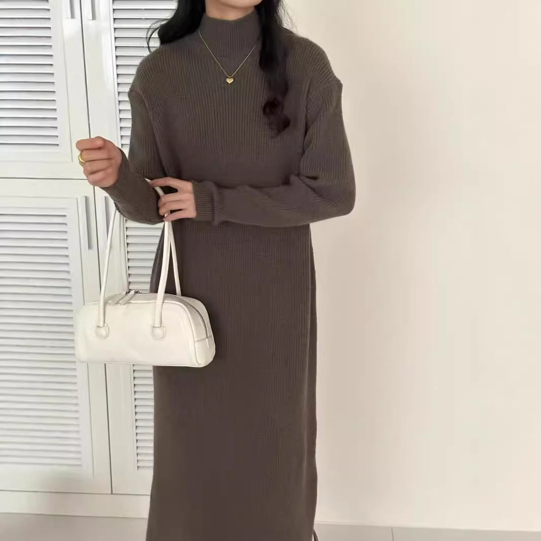 Robe maxi en maille côtelée à col montant (MS158)