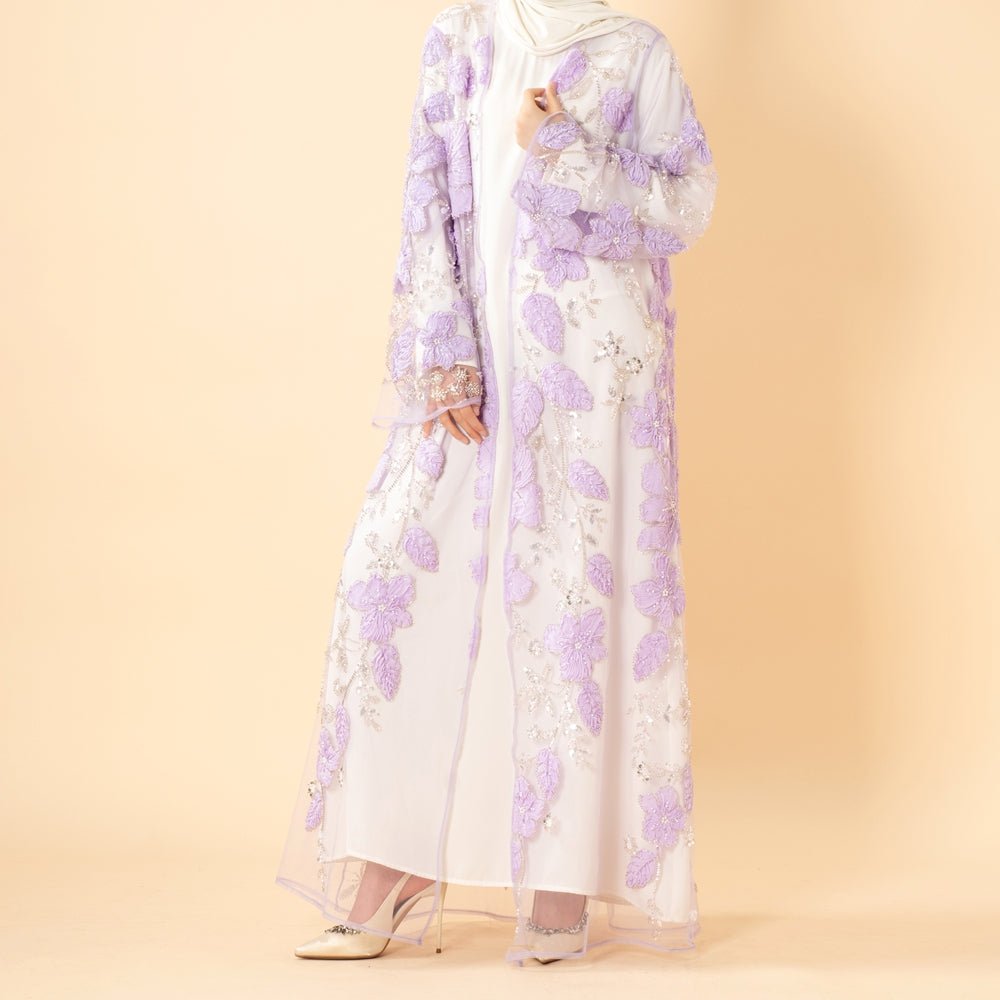 Abaya Mesh Brodée Perlée Floral 3D de Luxe à Ouverture – Abaya d'Occasion Lavande (MOA304)