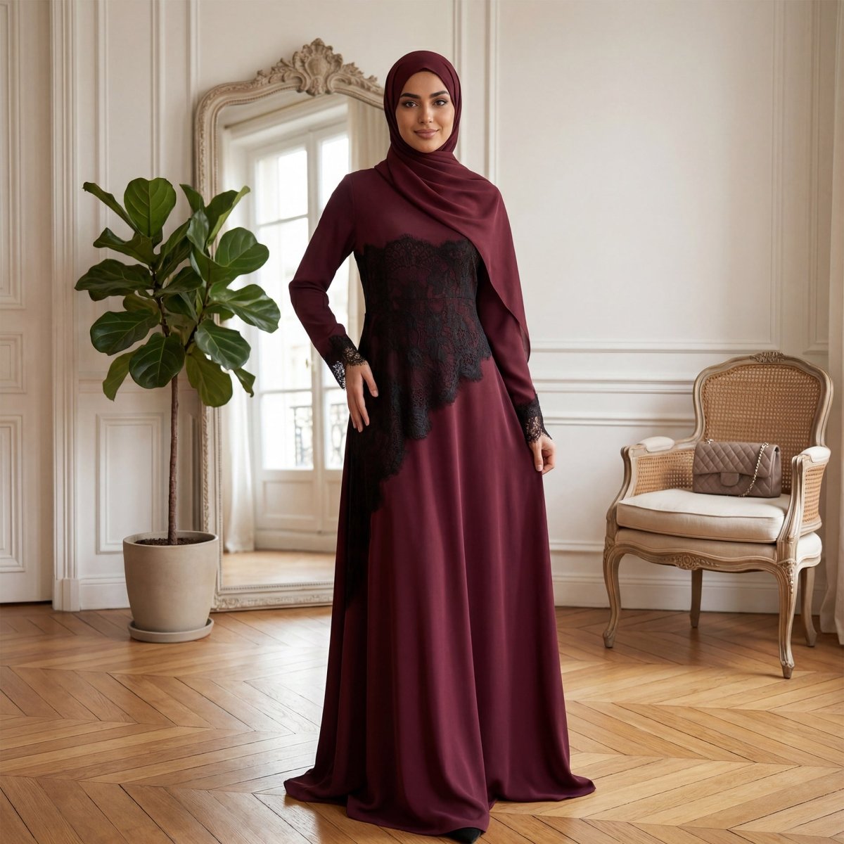 Robe Maxi avec Empiècement en Dentelle Contrastée à la Taille (MS409)
