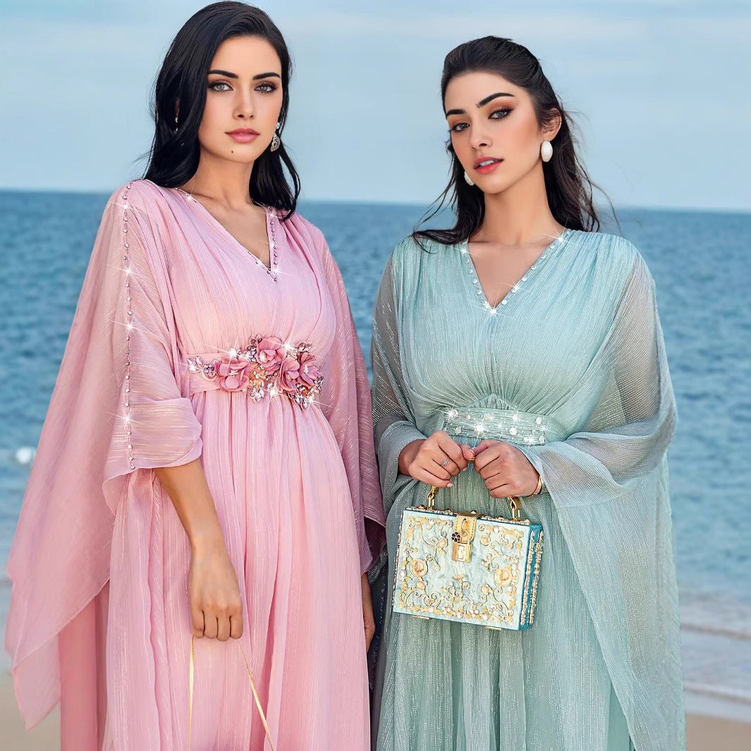 Élégante Abaya Robe pour Voyage et Soirée, Col en V, Perles Brodées à la Main, Finition Luxueuse (MA188)