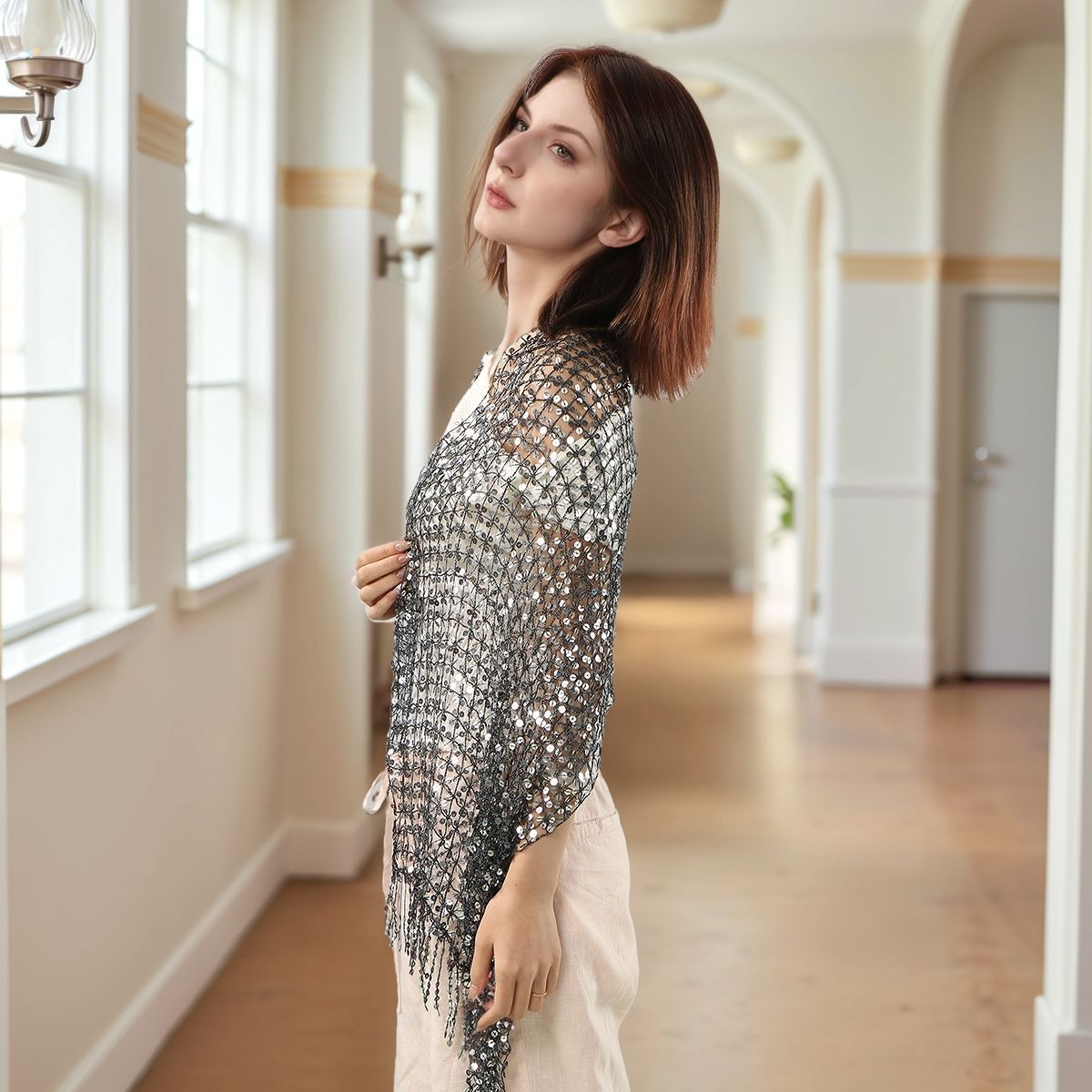 Hijab Châle en Mesh Pailleté avec Franges (MH206)