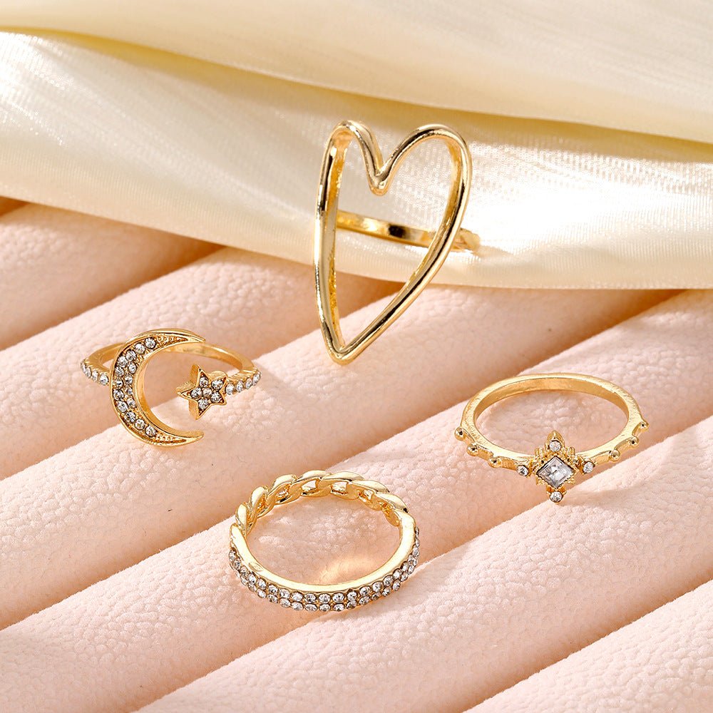 Bague Triangle Love Ajourée Étoile et Lune en Diamants Complets (MAC206)