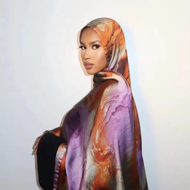 Foulard Hijab Imprimé Luxueux Aspect Soie | Grand Hijab Rectangulaire 180x85cm (MH146)