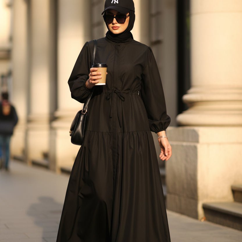 Robe Abaya Maxi Trench Cintrée en Ligne A avec Poches (MA422)