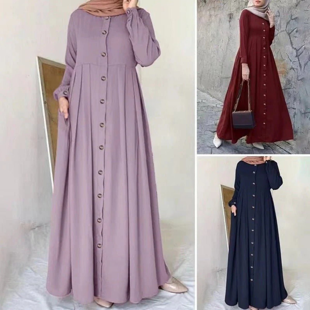 Robe Maxi Plissée à Boutons | Abaya Ample Modeste (MA181)