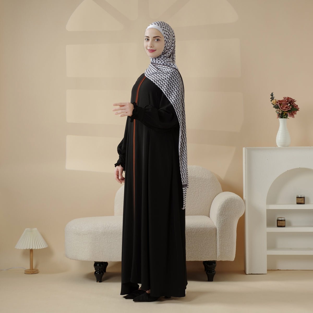 Abaya pull-over modeste avec broderie palestinienne, robe maxi élégante à manches froncées (MA141)
