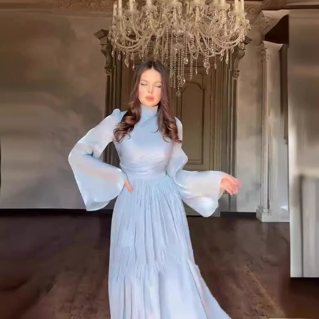 Robe Abaya élégante à col cheminée, taille plissée et manches évasées, tenue idéale pour invitée de mariage (MA199)