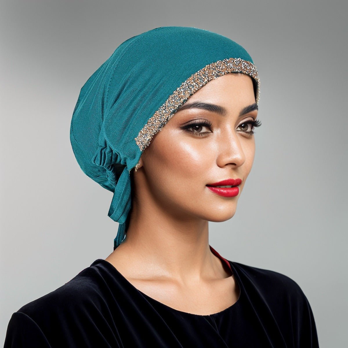 Bonnet Hijab de Luxe en Coton Mercerisé, Orné de Cristaux, Réglable avec Lacet Élastique, Design Respirant (MH115)