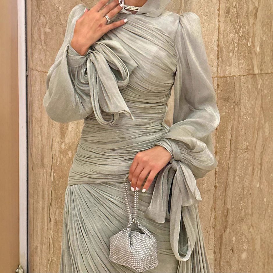 Robe de Soirée Froncée | Robe Maxi Moulante à Manches Bouffantes (MS280)