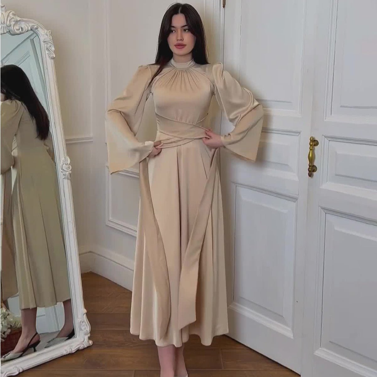 Robe Abaya de Soirée Princesse en Satin Intemporelle, Cintrée à la Taille (MA205)