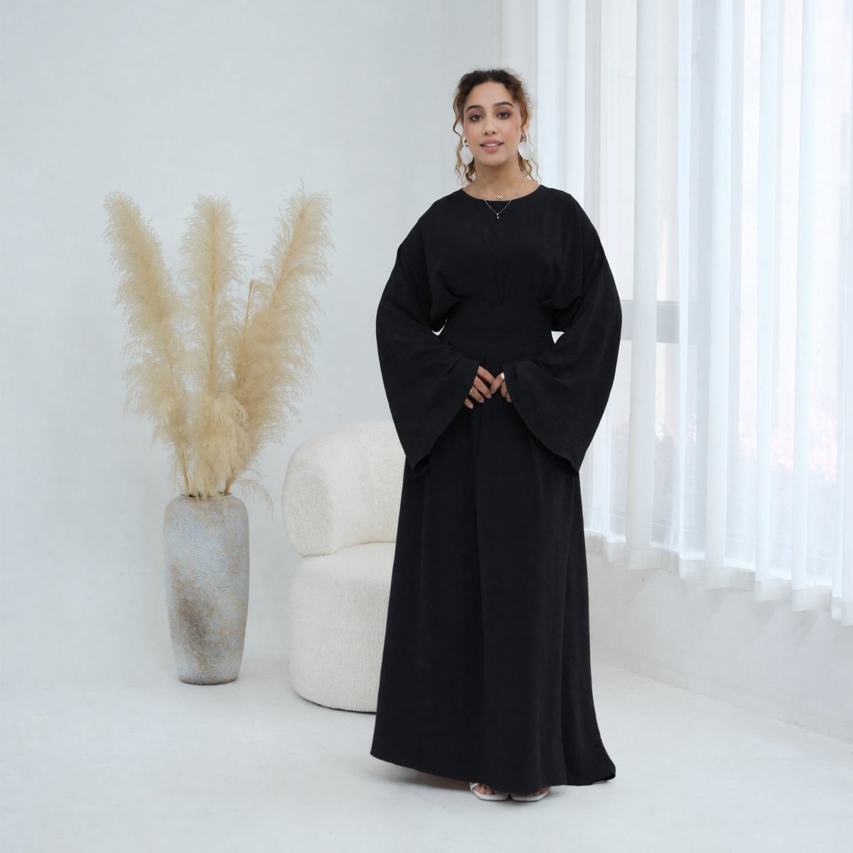 Robe Maxi Plissée à Manches Chauve-Souris (MS453)