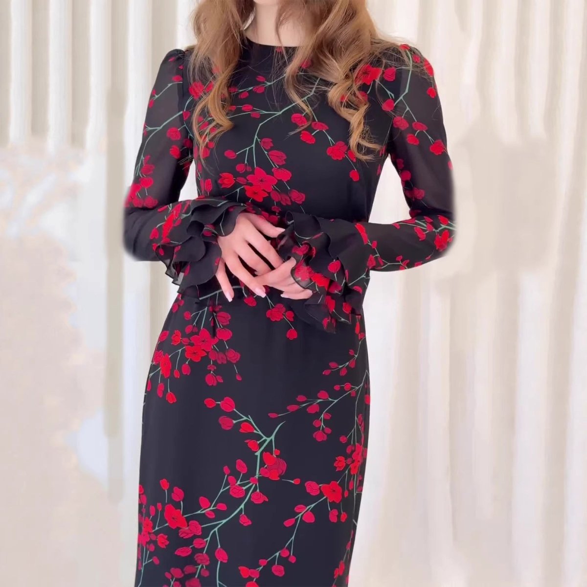 Robe à imprimé floral vintage avec manchettes à volants (MS338)