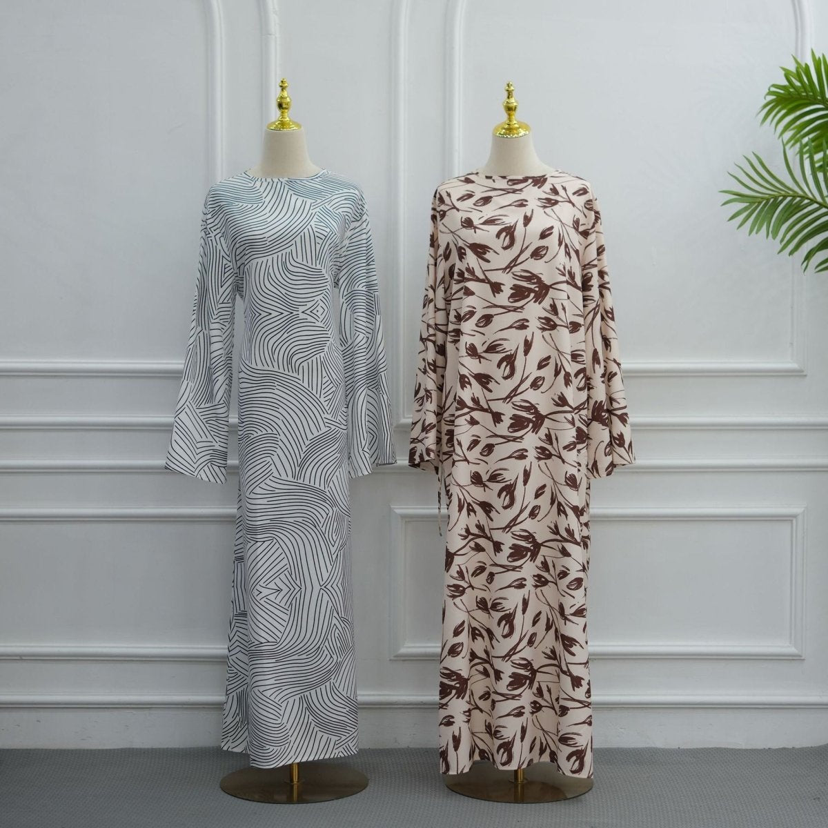 Robe Maxi Imprimée à Manches Cloche Froissées-Délavées (MS474)