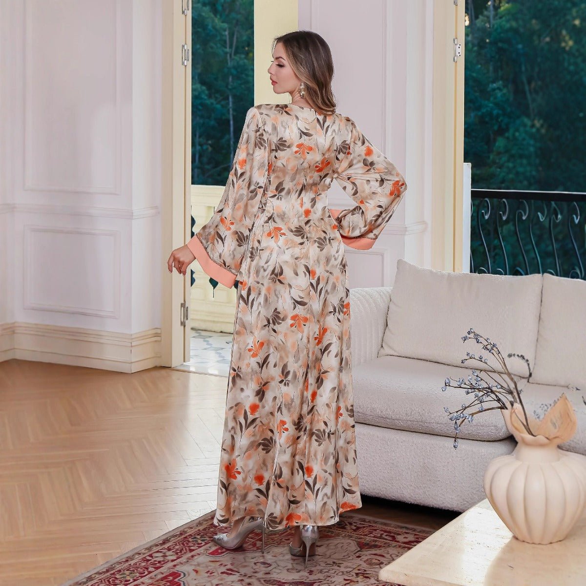 Abaya Botanique Modest Luxury | Robe Fleurie Crème & Orange avec Manches Élégantes (MA260)