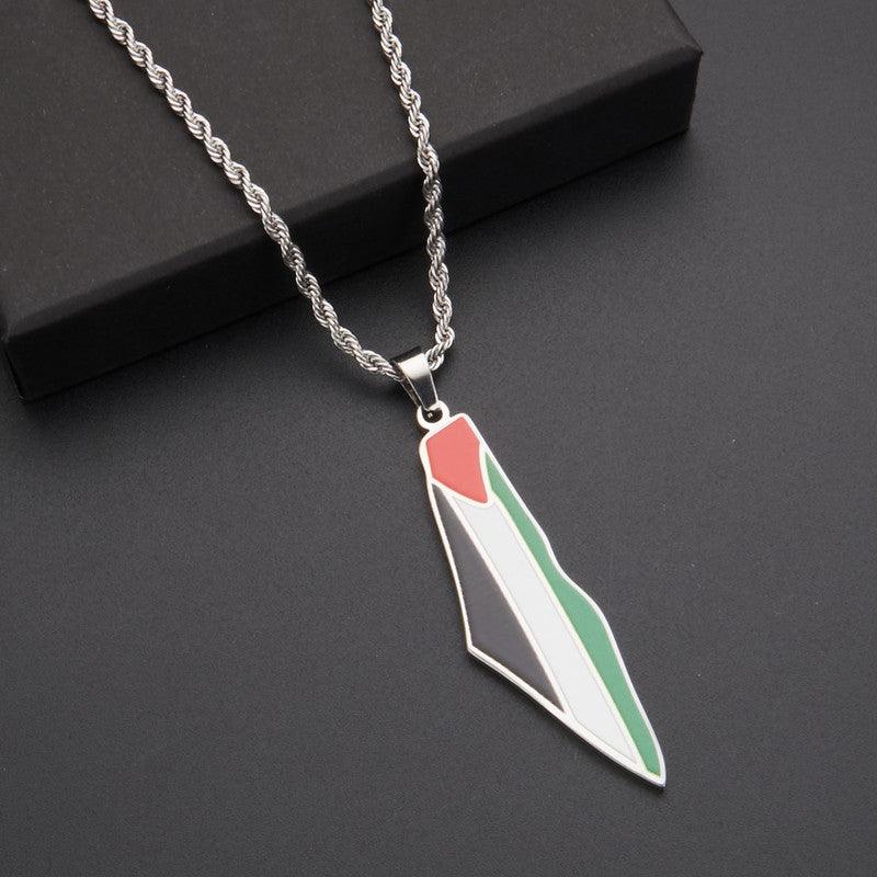 MAC100 Collier pendentif en acier inoxydable vintage, carte de la Palestine et motif keffieh