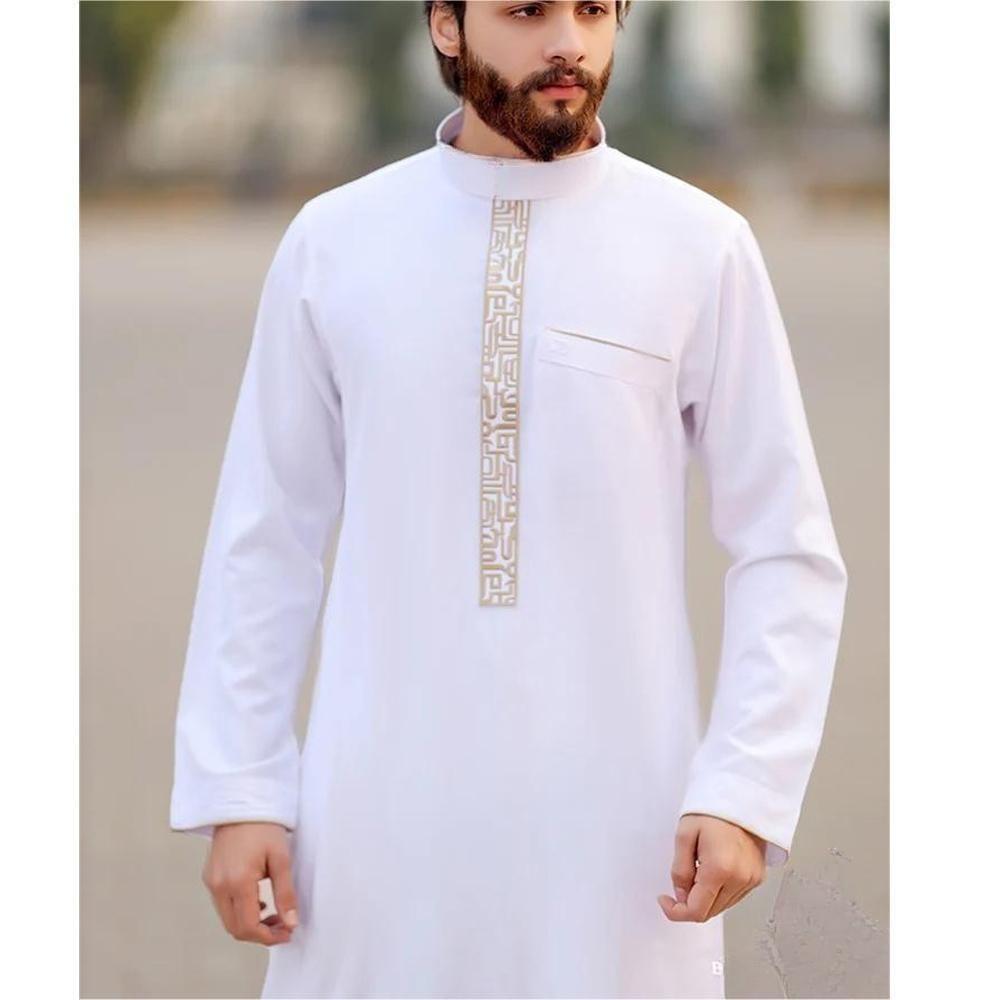 Thobe long homme premium à imprimé géométrique islamique doré, col mao et poche latérale (MT028)