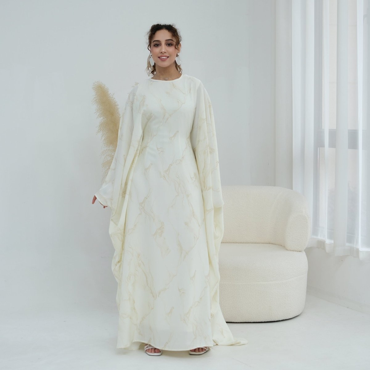 Robe Longue Imprimée à Manches Chauve-Souris (MA446)