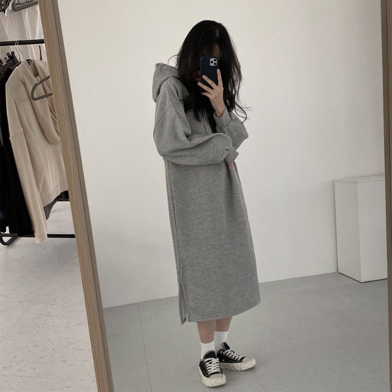 Robe Maxi Pull à Capuche Confort | Robe Mi-Longue Doublée en Polaire avec Fentes Latérales (MS137)