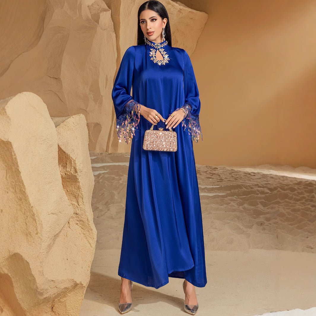 Robe Abaya longue élégante bleue | Abaya bleu dégradé à franges (MA184)