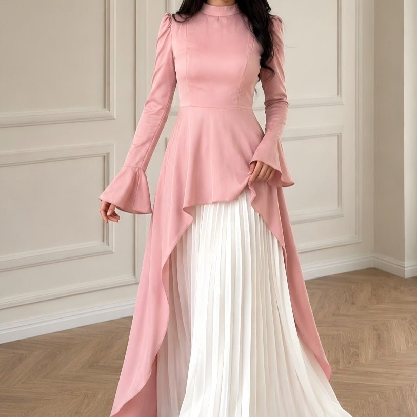 Robe Maxi Plissée Peplum Rose & Ivoire (MS512)