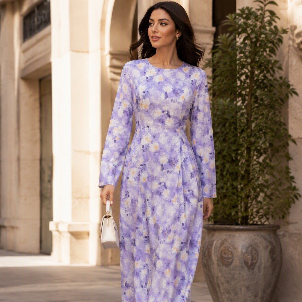 Robe Maxi à Manches Évasées Imprimé Floral Aquarelle (MS516)