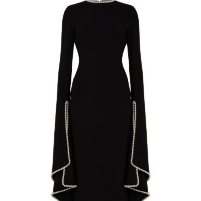 Robe de Soirée Maxi Cintrée à Manches Cape Ornées de Perles | Robe Noire (MA355)