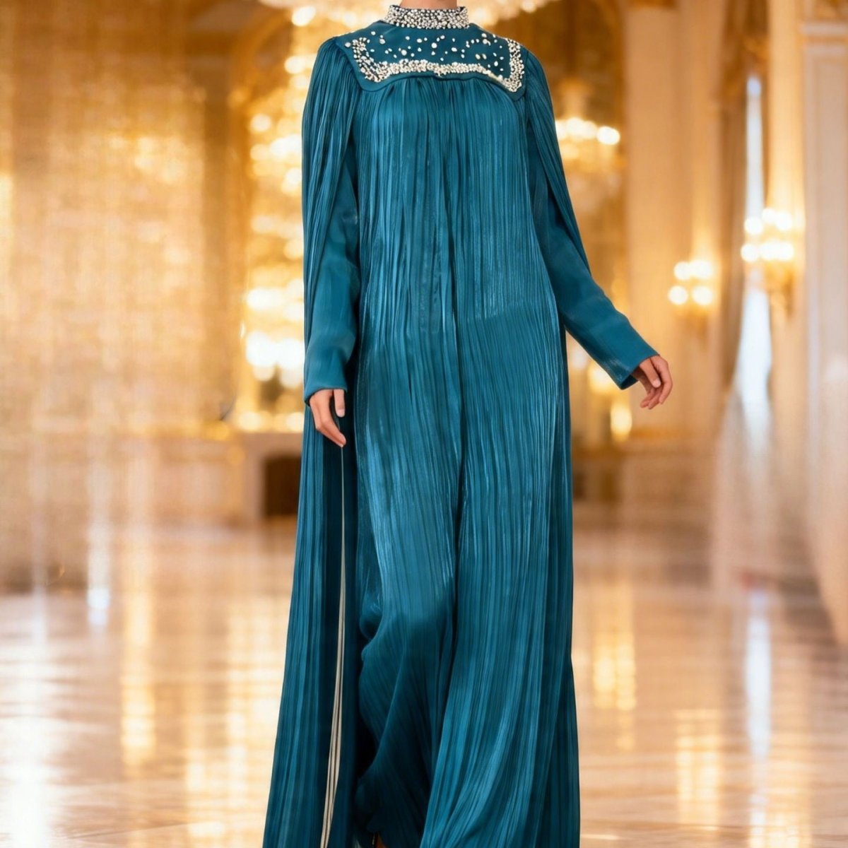 Robe longue plissée en mousseline perlée de perles et cristaux (MA441)