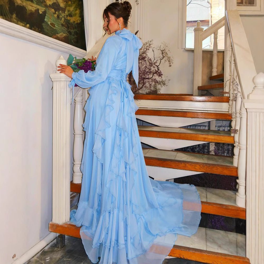Robe de soirée en mousseline à volants étagés | Robe maxi col haut avec nœuds sur les manches (MA349)