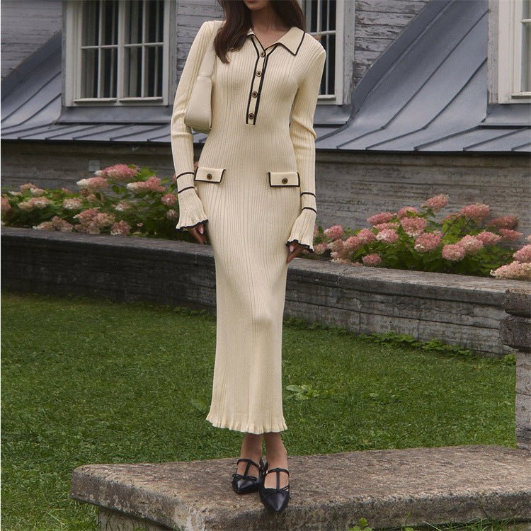 Robe Pull Midi en Maille avec Finitions Volantées de Luxe Française | Robe Pull Midi à Col (MS199)