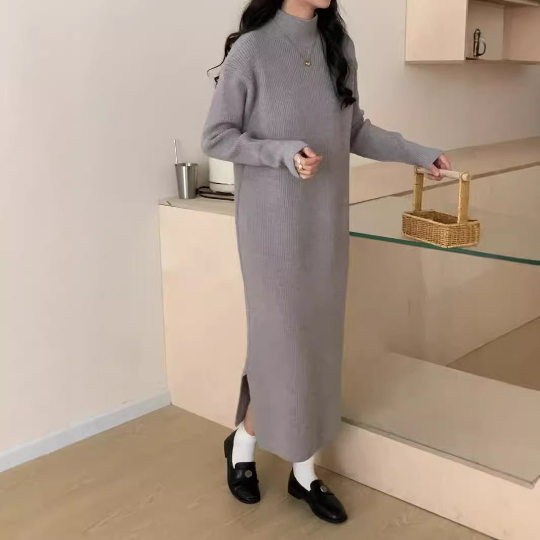 Robe maxi en maille côtelée à col montant (MS158)