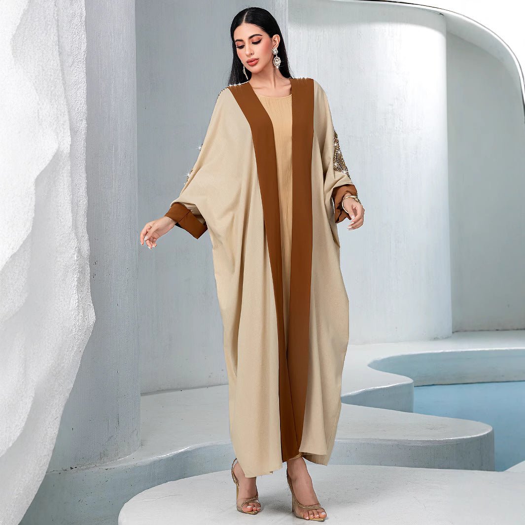 Veste Abaya de Luxe en Perles Rouille pour Mariage et Fêtes Musulmanes, Kaki avec Broderie Dorée Contrastante (MOA158)