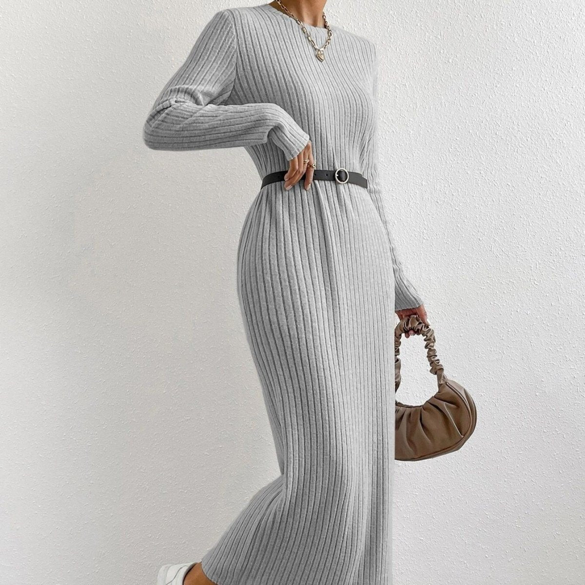 Robe Maxi en Tricot Côtelé | Robe Pull Décontractée à Manches Longues (MS226)