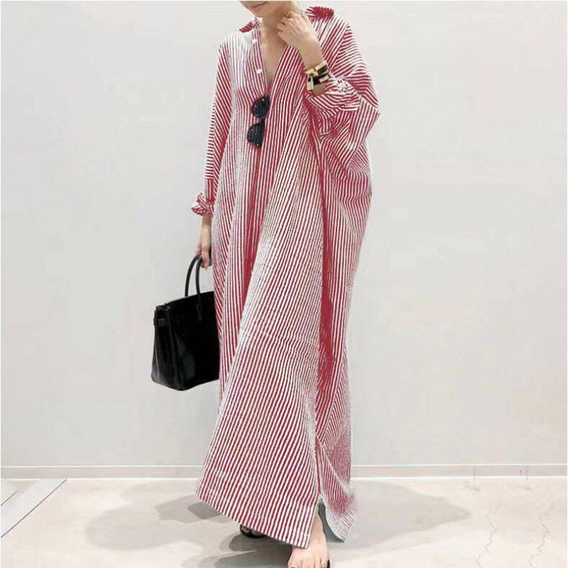 Robe Abaya Maxi Respirante à Imprimé Rayures, Coupe Ample, Col V et Manches Chauve-Souris, avec Poches Latérales (MA232)