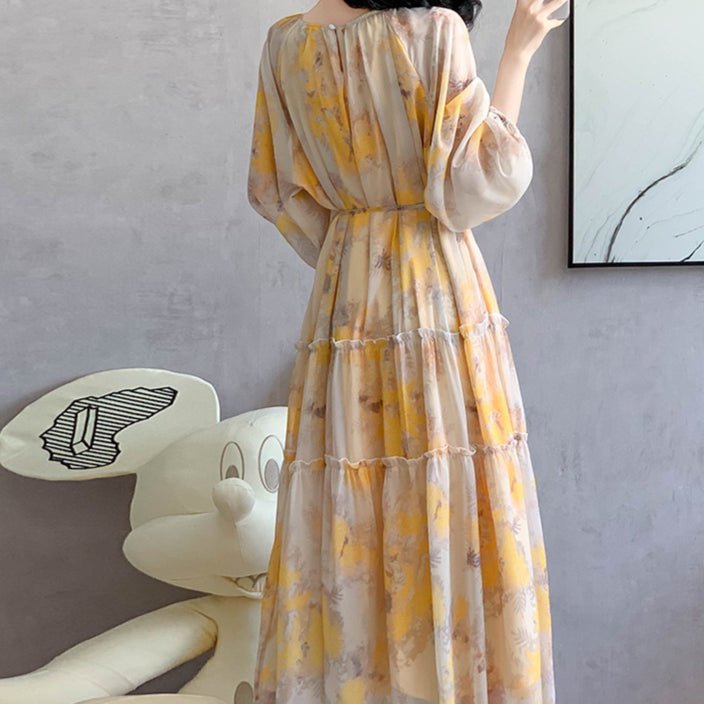 Robe Maxi en Mousseline Imprimée Aquarelle | Robe Étagée à Manches Longues (MS270)