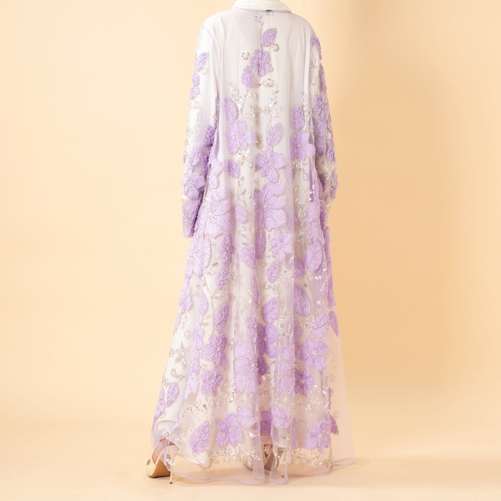 Abaya Mesh Brodée Perlée Floral 3D de Luxe à Ouverture – Abaya d'Occasion Lavande (MOA304)