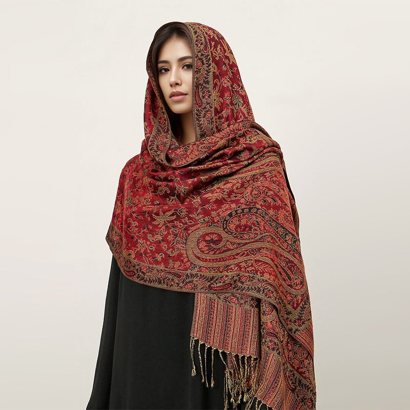 Hijab Vintage Shawl à Motif Fleur de Cajou avec Pompons (MH101)