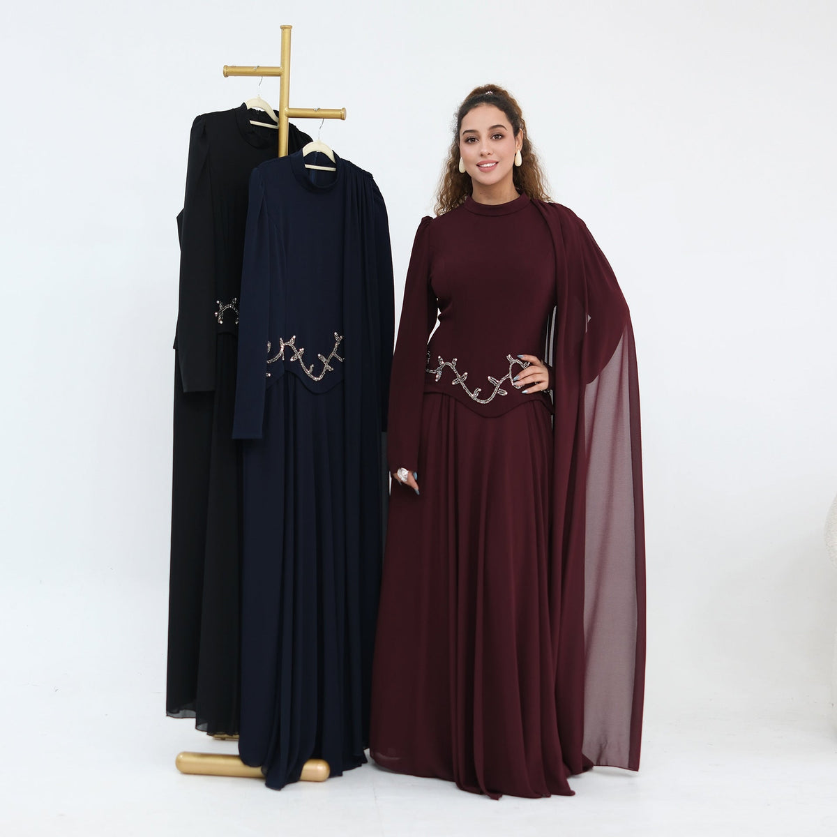 Robe Maxi Cape Sleeve à Taille Perlée(MS499)