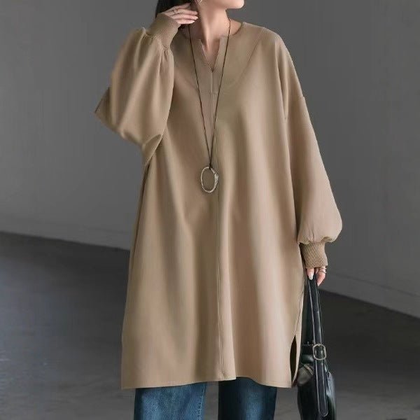 Sweat Tunique Oversize en Coton | Haut Pull Col en V Manches Longues (MS210)