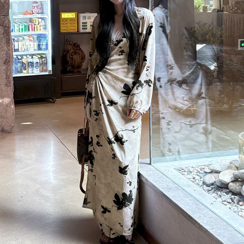 Robe portefeuille longue à motif jacquard et imprimé, style chinois (MS424)