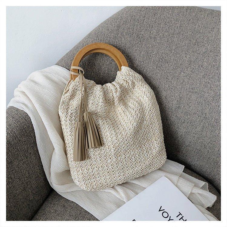 MAC132 Sac seau de plage en paille tendance, simple, avec pompon