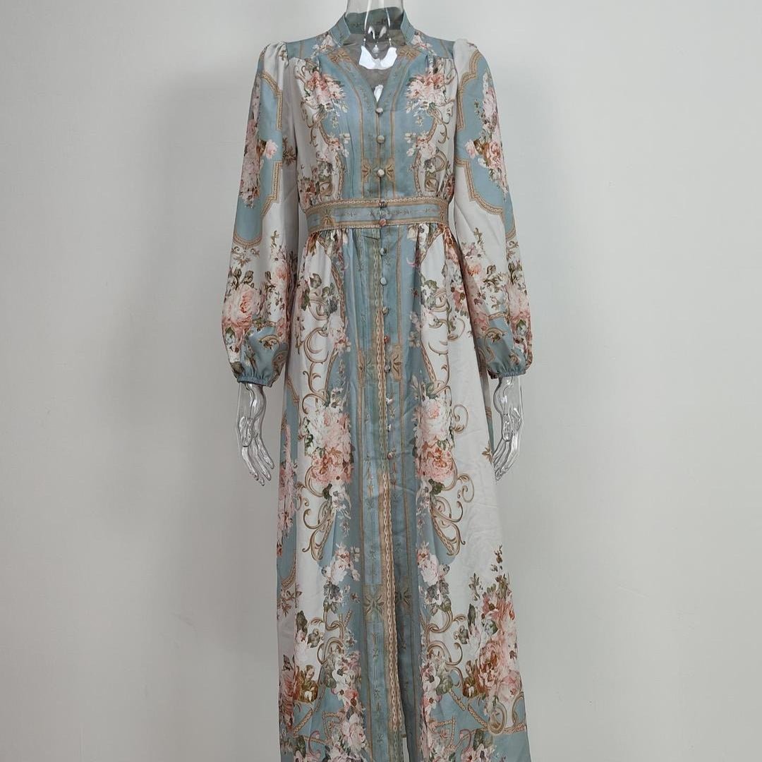 Robe Longue Fleurie Vintage | Robe Style Victorien à Col en V et Manches Longues (MA378)