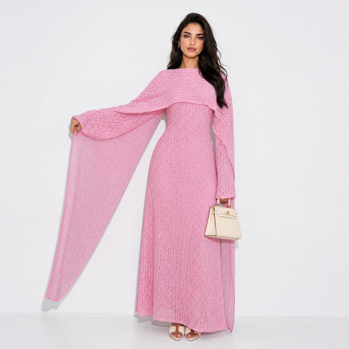 Robe Maxi Doublée à Manches Cape et Dentelle Florale Texturée (MS519)