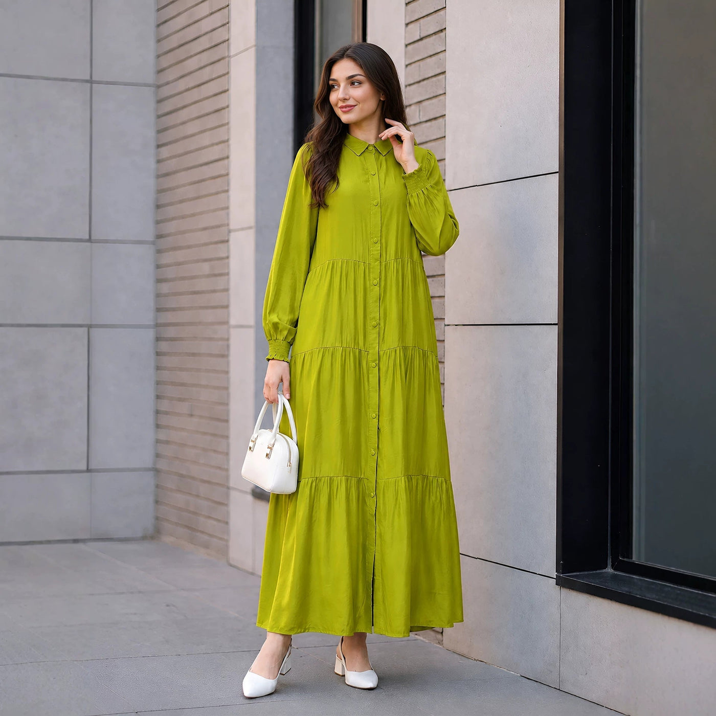 Robe Maxi à Encolure Chemise, Boutons et Volants Étagés (MA465)