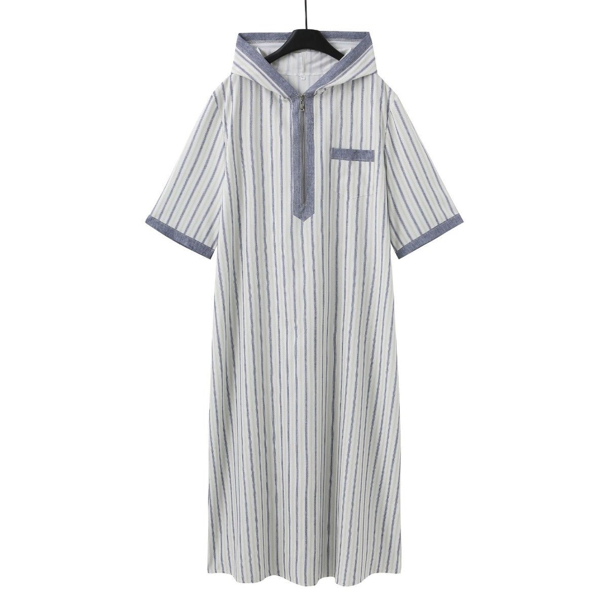 Thobe imprimé numérique 3D à rayures, respirant, coupe ample pour homme, manches courtes, robe musulmane avec col en V (MT033)