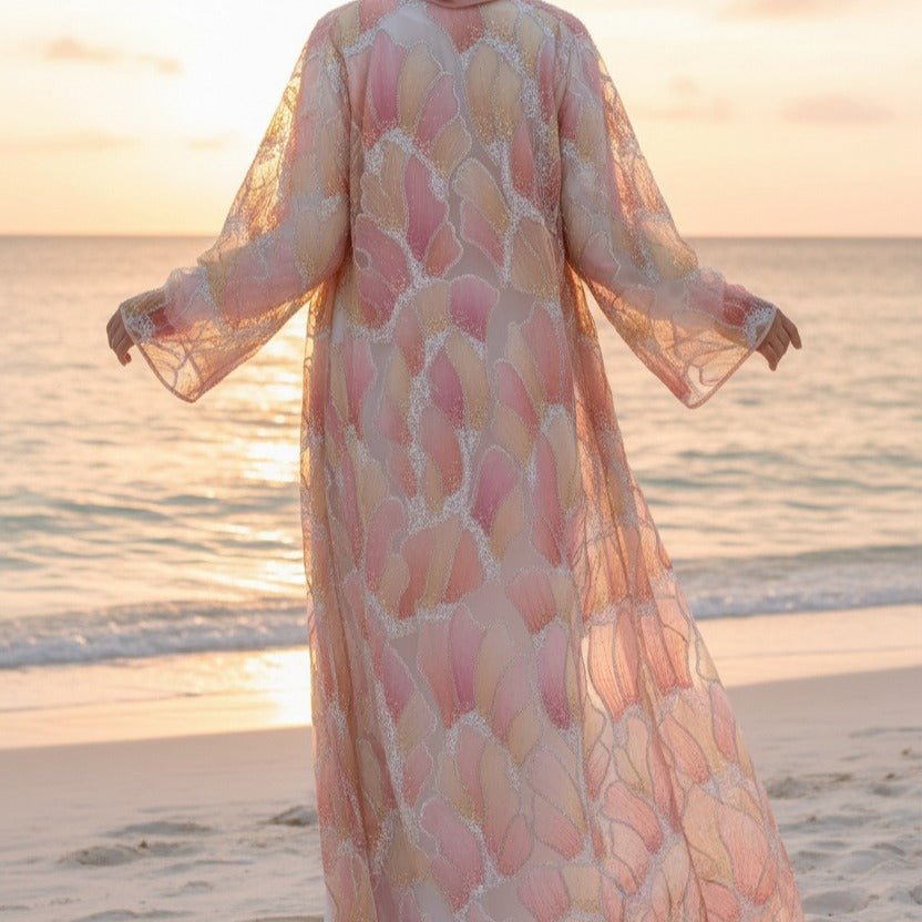 Abaya Ouverte Brodée Main Petal Glow — Collection Secret Garden (MOA295)
