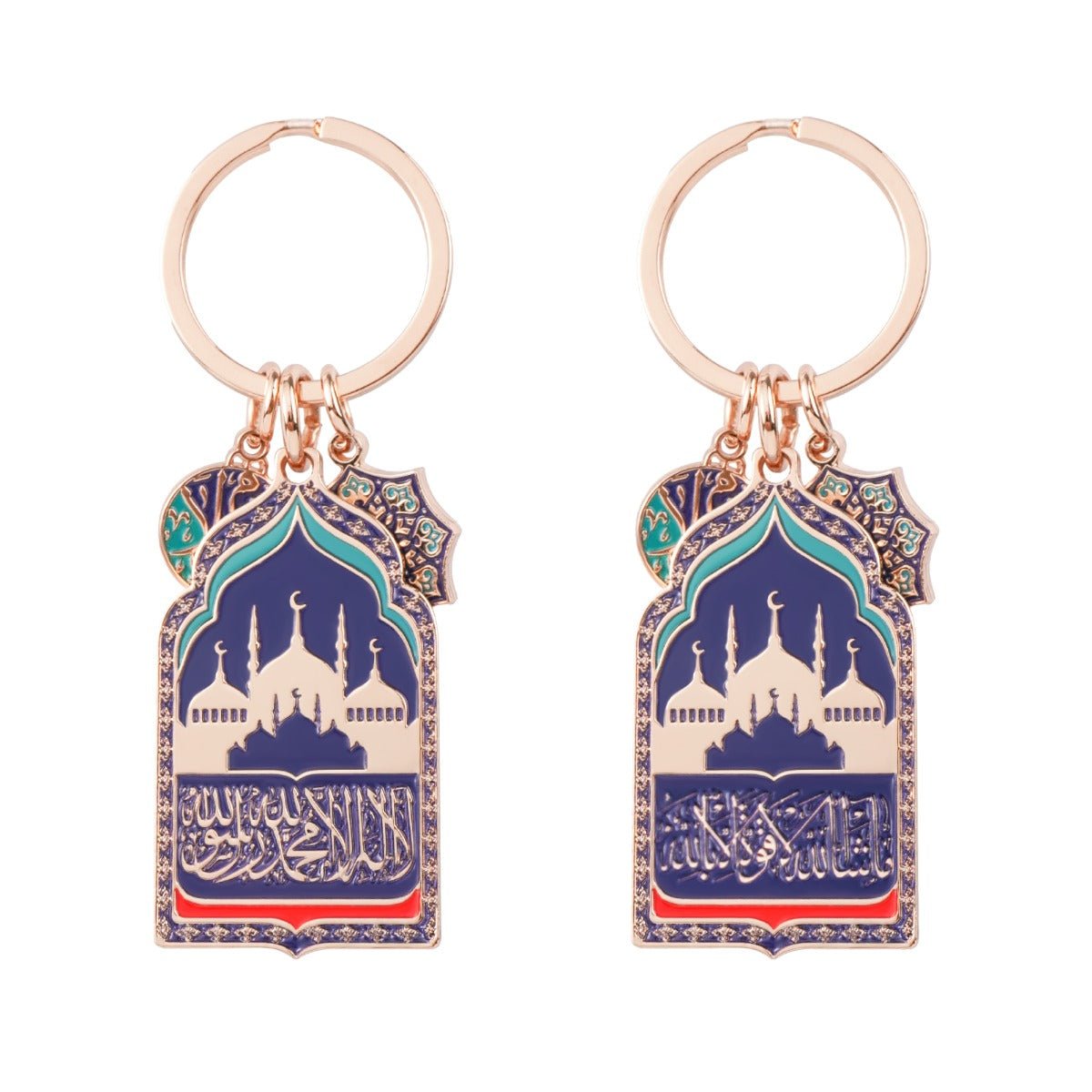 Porte-clés Mosquée pour Voiture | Chapelet de Prière Islamique en Perles Doré Rose avec Breloque Mosquée en Émail Bleu (MAC254)