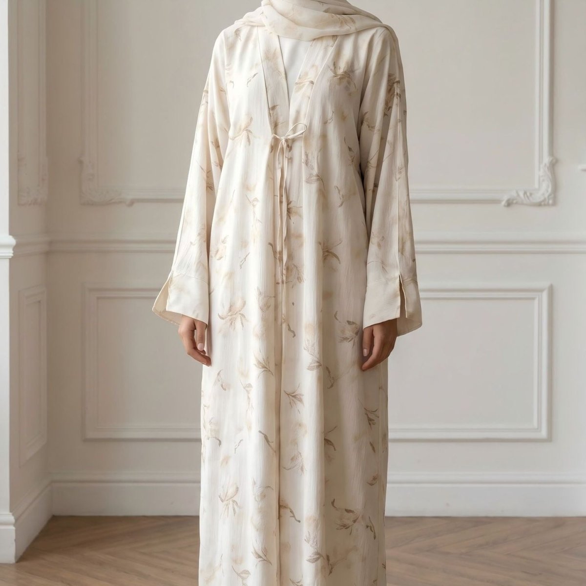 Abaya ouverte en satin à imprimé floral et oiseaux (MOA322)
